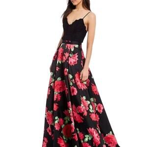 B Darlin scalloped strappy Lace bodice Floral Ball Gown Prom Dress Black Pink 1